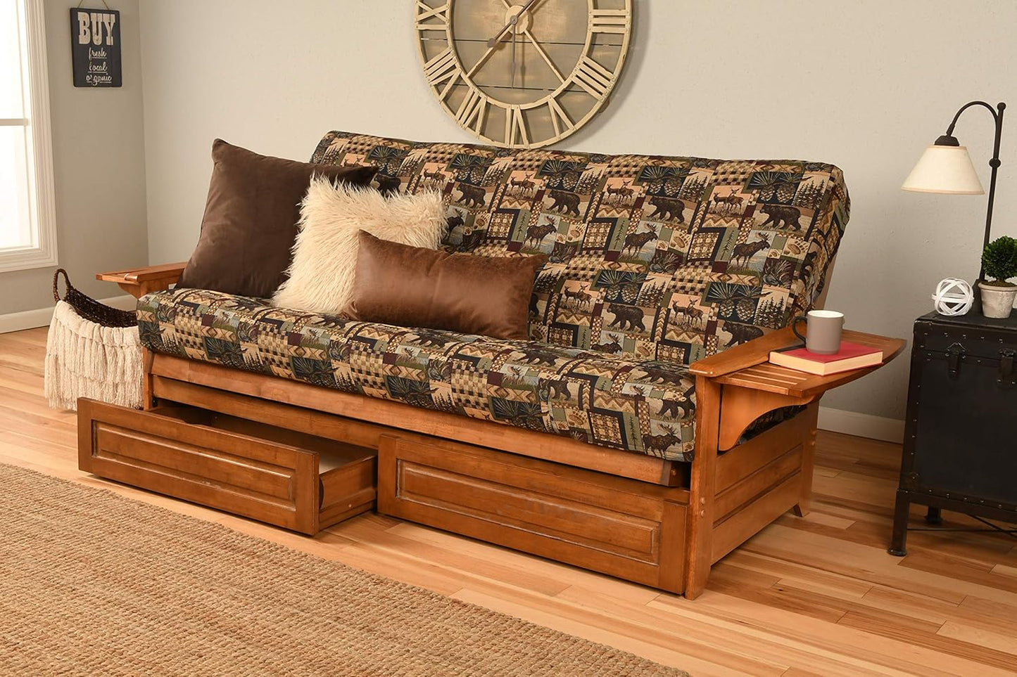 Kodiak Furniture Phoenix Futon Set with Linen Stone Mattress and Storage Drawers, Full, Barbados