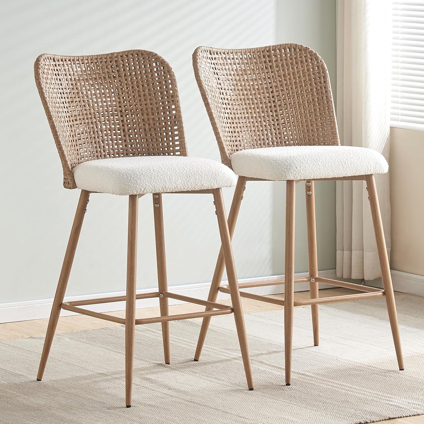 Rattan Bar Stools Set of 2, 26 Inches Height Wicker Bar,PE Rattan Stools with Metal Legs,Wicker Bar Stools Set of 2