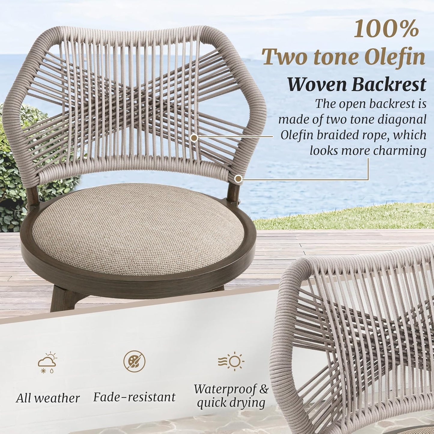 Outdoor Bar Stools Set of 3, 360° Swivel Aluminum Rattan Barstools, Olefin Rope Counter Height Bar Stools with Curved Backrest, Boho Barstool with Circular Cushion for Patio, Kitchen, Apricot