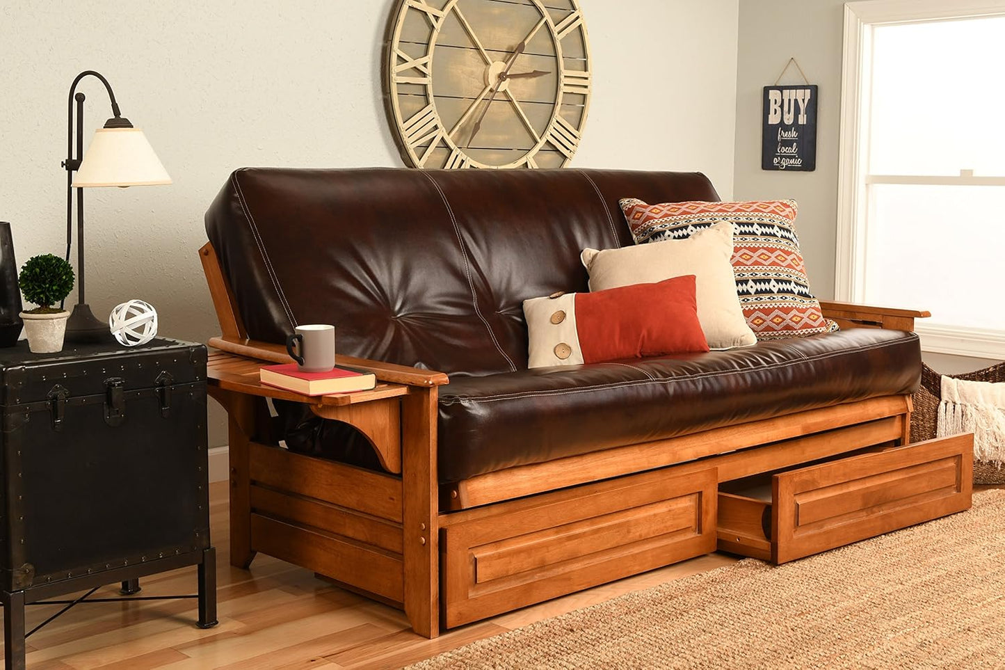 Kodiak Furniture Phoenix Futon Set with Linen Stone Mattress and Storage Drawers, Full, Barbados