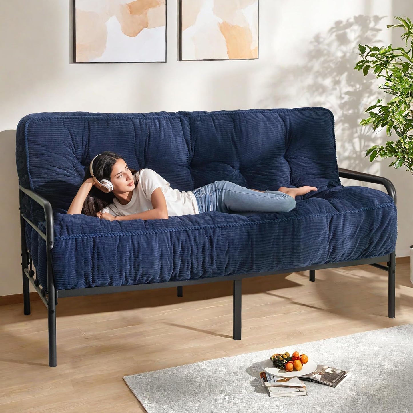 MAXYOYO 8" Futon Mattress Full Size, Ultra Thick Futons Sofa Couch Bed Tufted Sleeper Sofa Bed, Floor Mattress for Adults, Shredded Foam Filling (Frame Not Included), Black