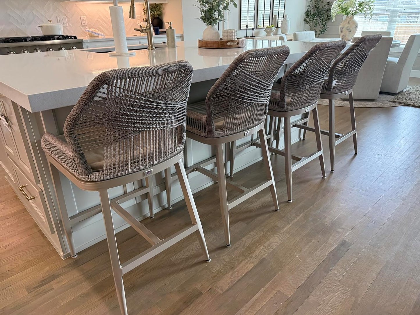 PURPLE LEAF Patio Sunbrella Bar Height Stools 28" H Set of 2 Boho Rattan Aluminum Tall Bar Chairs with High Back Arms for Outside Island Kitchen Backyard Outdoor Wicker Barstools Champagne
