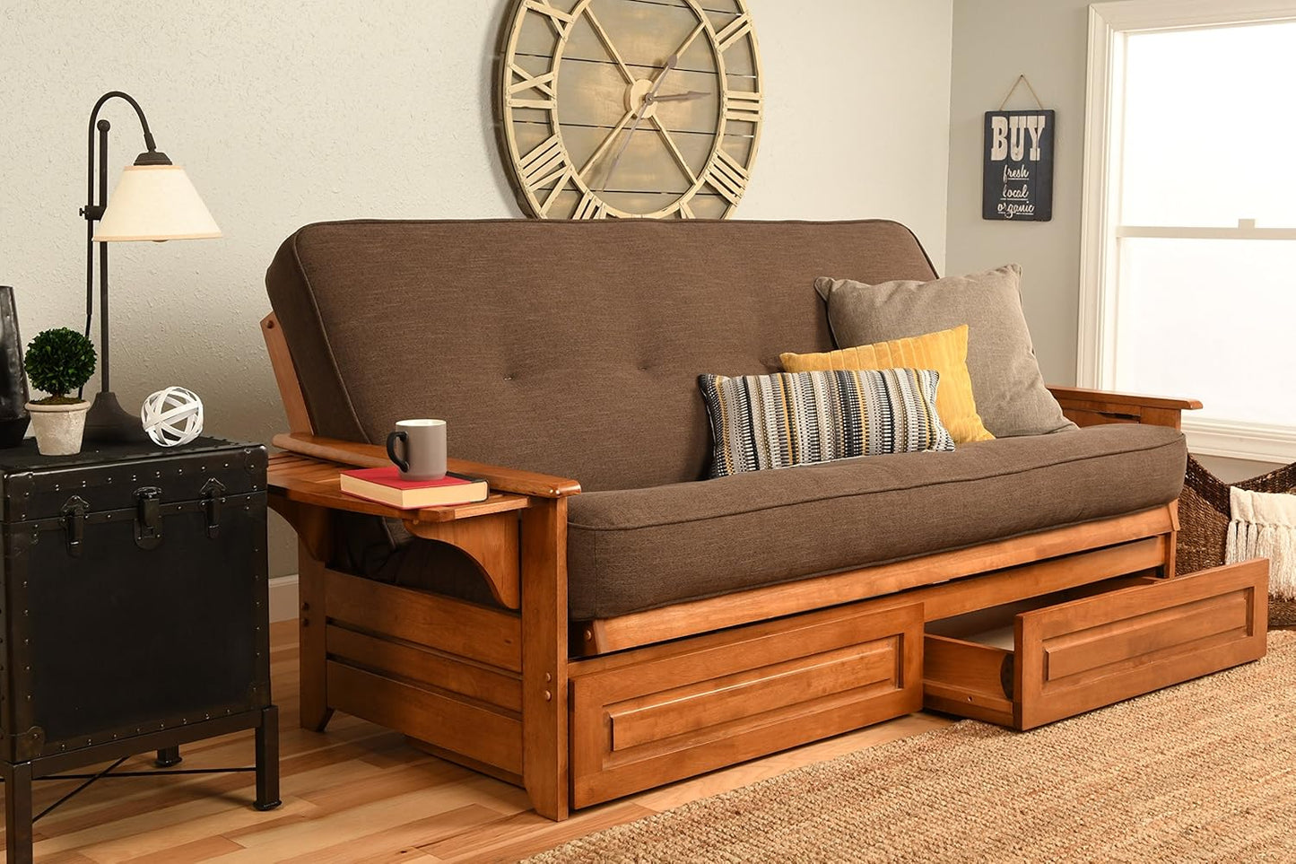 Kodiak Furniture Phoenix Futon Set with Linen Stone Mattress and Storage Drawers, Full, Barbados