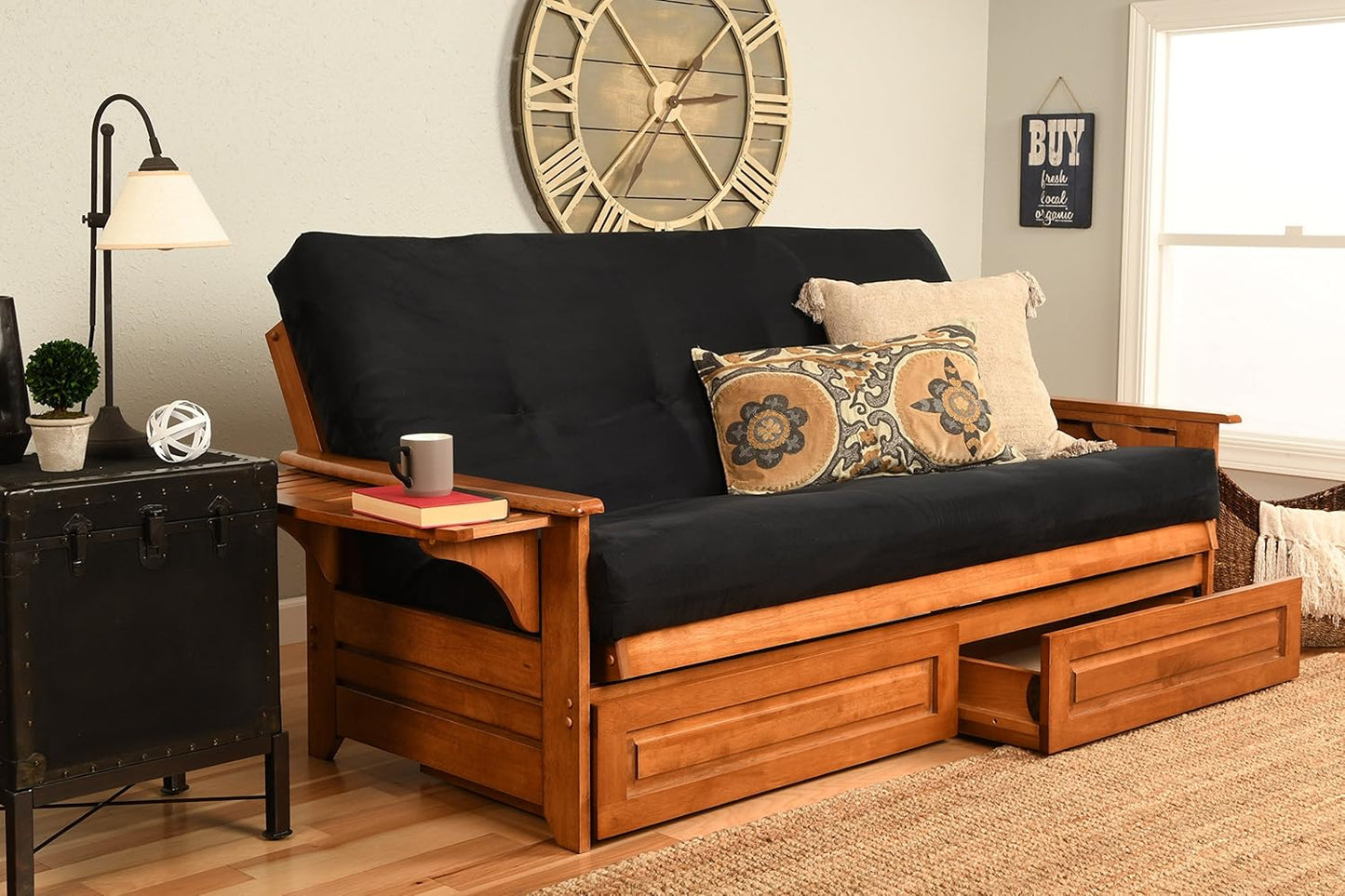 Kodiak Furniture Phoenix Futon Set with Linen Stone Mattress and Storage Drawers, Full, Barbados