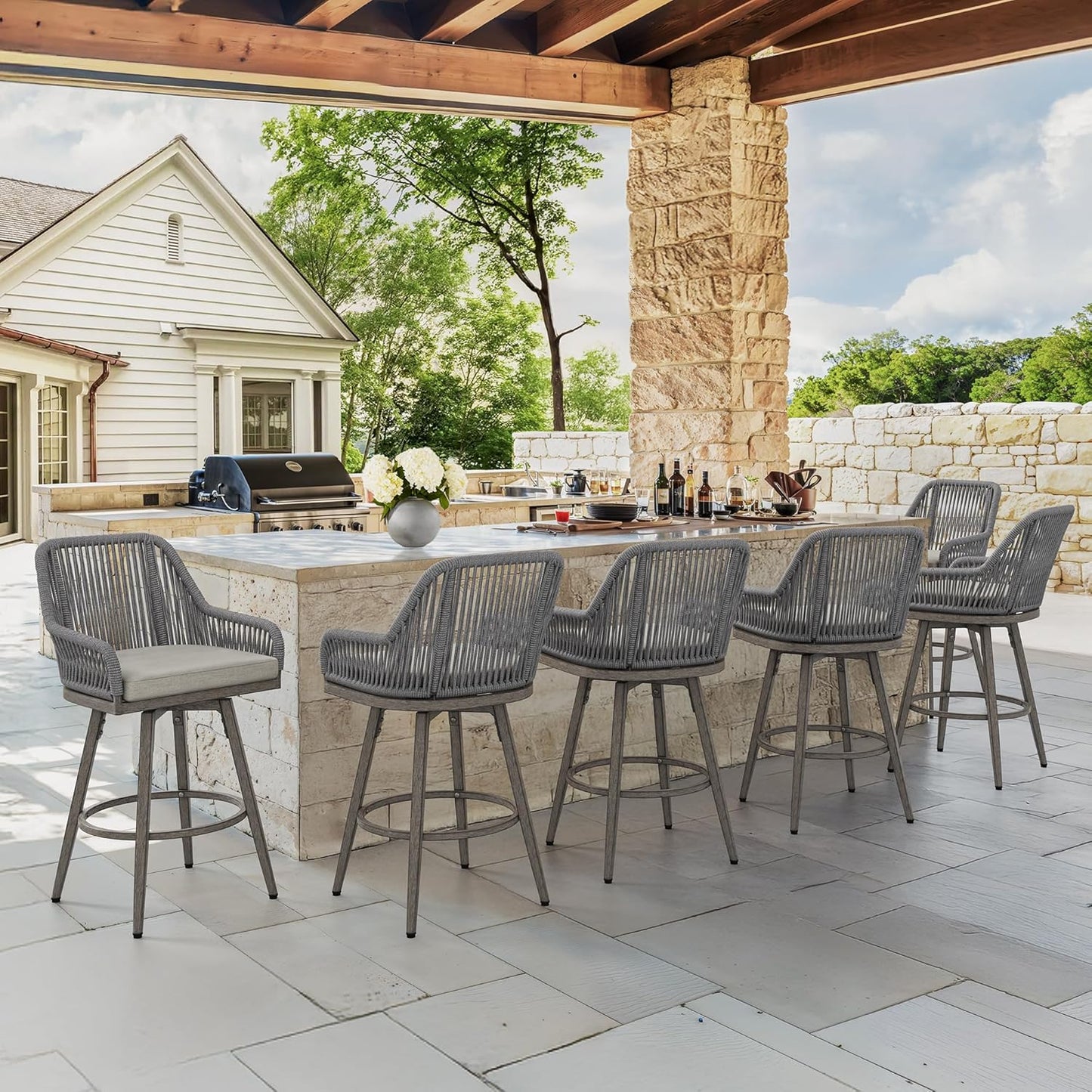 Outdoor Bar Stools Set of 3, 360° Swivel Aluminum Rattan Barstools, Olefin Rope Counter Height Bar Stools with Curved Backrest, Boho Barstool with Circular Cushion for Patio, Kitchen, Apricot