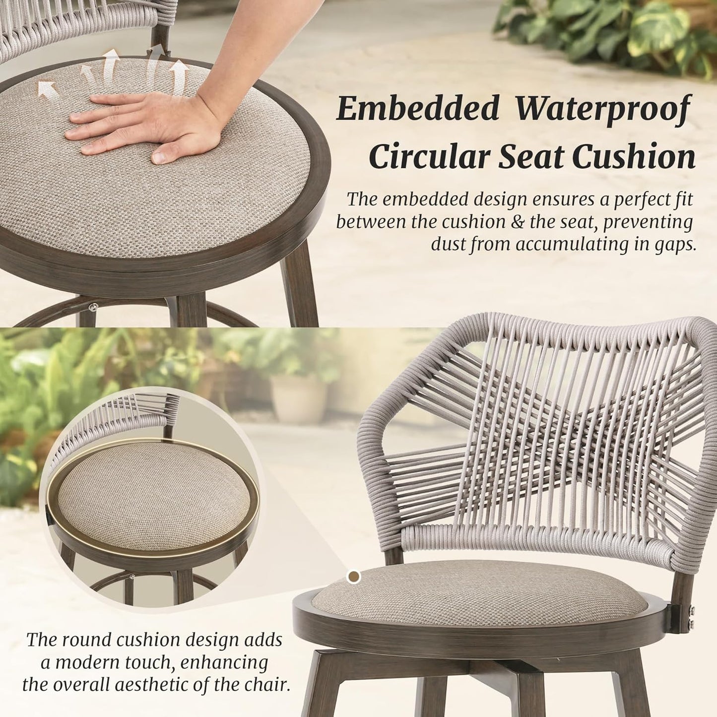 Outdoor Bar Stools Set of 3, 360° Swivel Aluminum Rattan Barstools, Olefin Rope Counter Height Bar Stools with Curved Backrest, Boho Barstool with Circular Cushion for Patio, Kitchen, Apricot