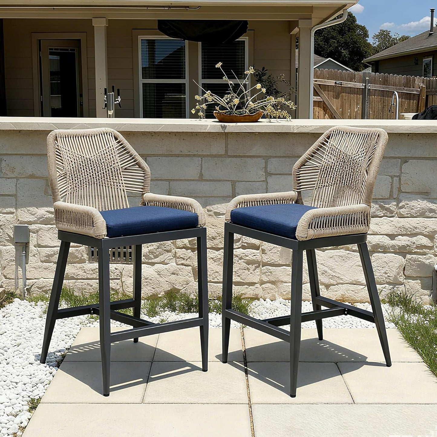 PURPLE LEAF Patio Sunbrella Bar Height Stools 28" H Set of 2 Boho Rattan Aluminum Tall Bar Chairs with High Back Arms for Outside Island Kitchen Backyard Outdoor Wicker Barstools Champagne