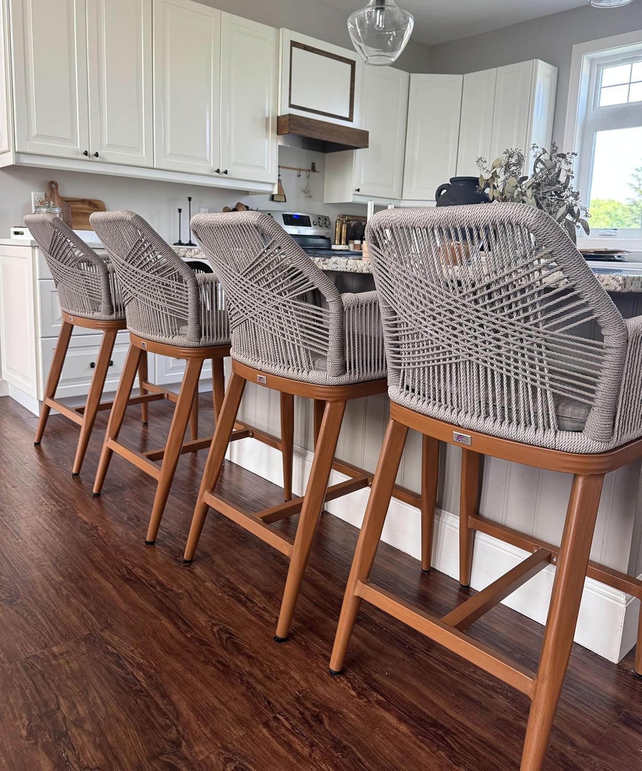 PURPLE LEAF Patio Sunbrella Bar Height Stools 28" H Set of 2 Boho Rattan Aluminum Tall Bar Chairs with High Back Arms for Outside Island Kitchen Backyard Outdoor Wicker Barstools Champagne