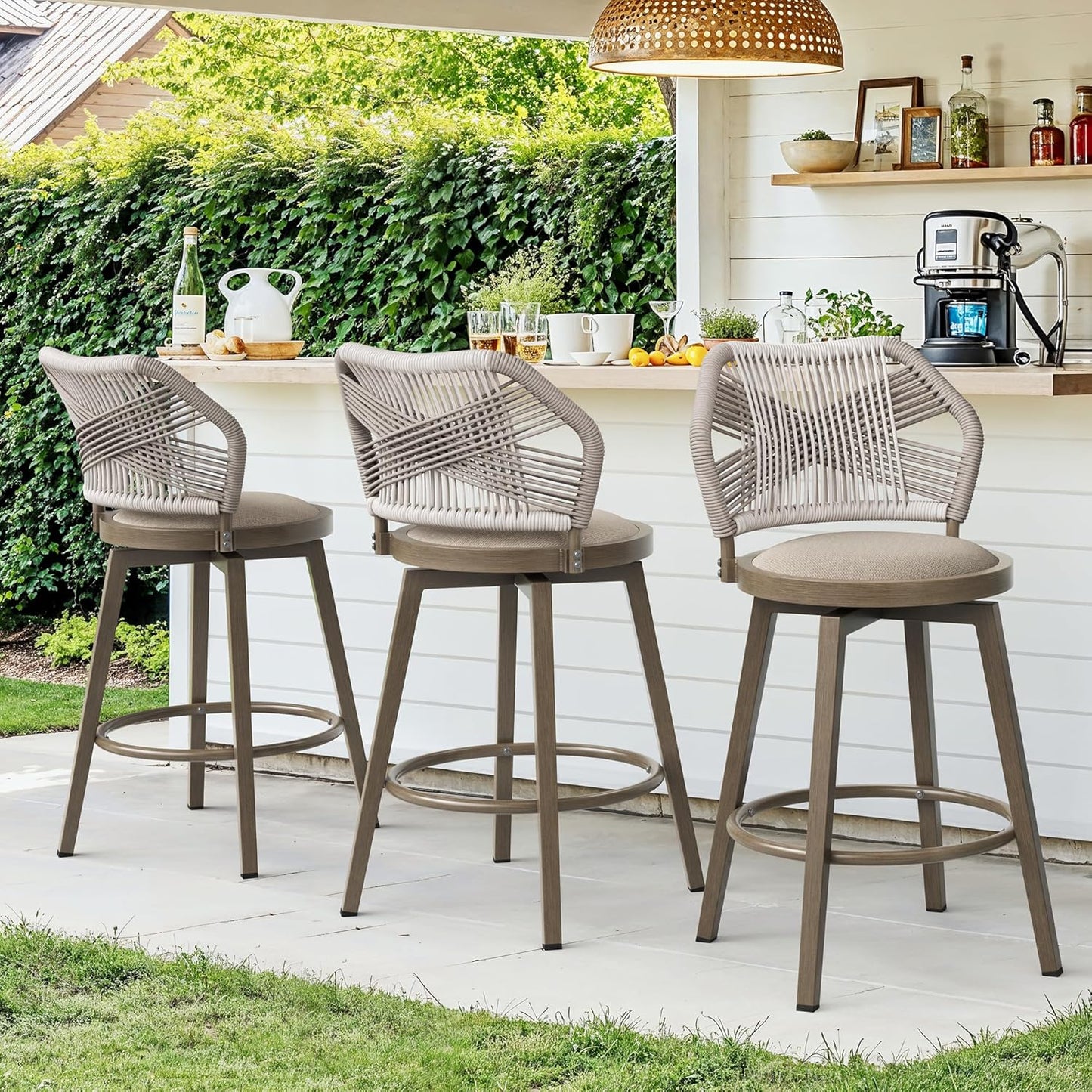Outdoor Bar Stools Set of 3, 360° Swivel Aluminum Rattan Barstools, Olefin Rope Counter Height Bar Stools with Curved Backrest, Boho Barstool with Circular Cushion for Patio, Kitchen, Apricot