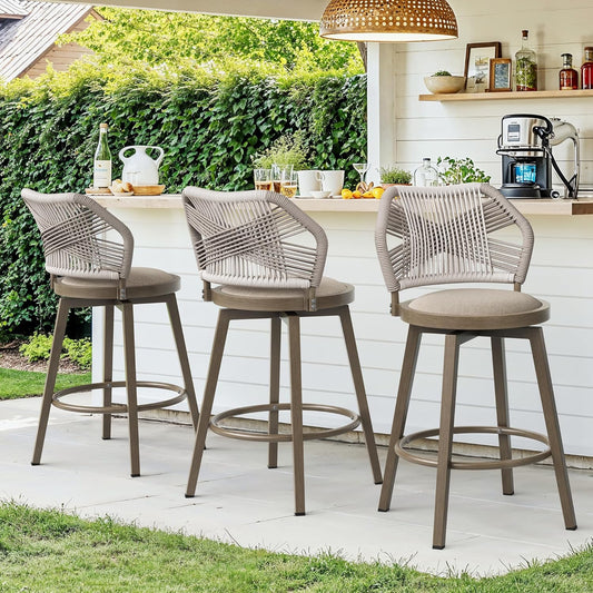 Outdoor Bar Stools Set of 3, 360° Swivel Aluminum Rattan Barstools, Olefin Rope Counter Height Bar Stools with Curved Backrest, Boho Barstool with Circular Cushion for Patio, Kitchen, Apricot