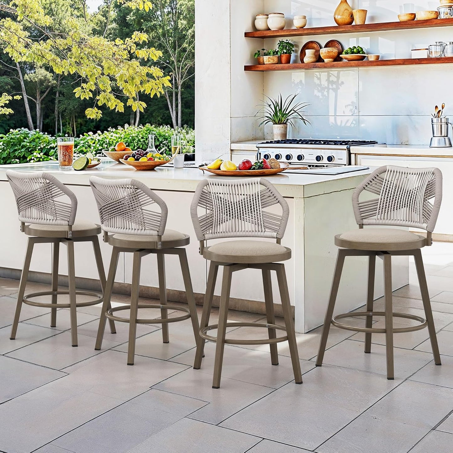 Outdoor Bar Stools Set of 3, 360° Swivel Aluminum Rattan Barstools, Olefin Rope Counter Height Bar Stools with Curved Backrest, Boho Barstool with Circular Cushion for Patio, Kitchen, Apricot