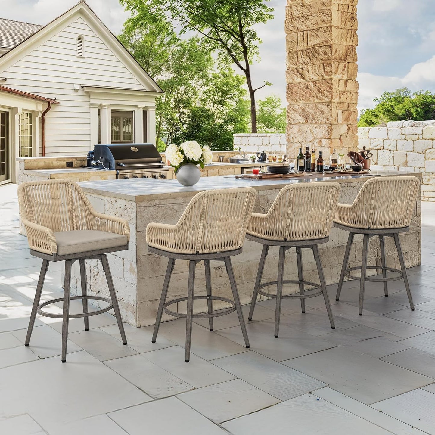 Outdoor Bar Stools Set of 3, 360° Swivel Aluminum Rattan Barstools, Olefin Rope Counter Height Bar Stools with Curved Backrest, Boho Barstool with Circular Cushion for Patio, Kitchen, Apricot