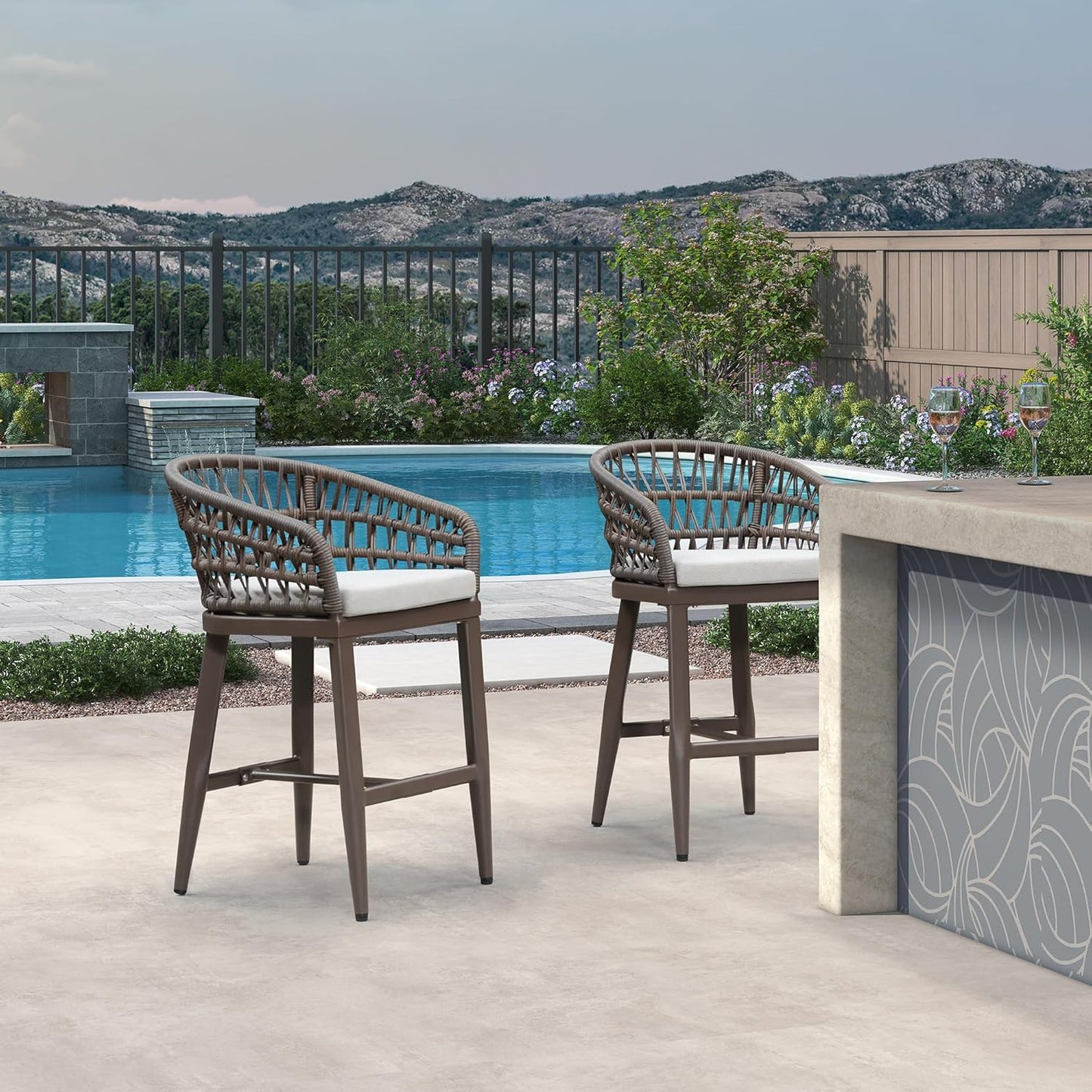 PURPLE LEAF Outdoor Rattan 24" Counter Height Bar Stools Chair Set of 2, Modern Patio Wicker Barstool with Backrest for Indoor and Outdoor, Kitchen Island, Coffee