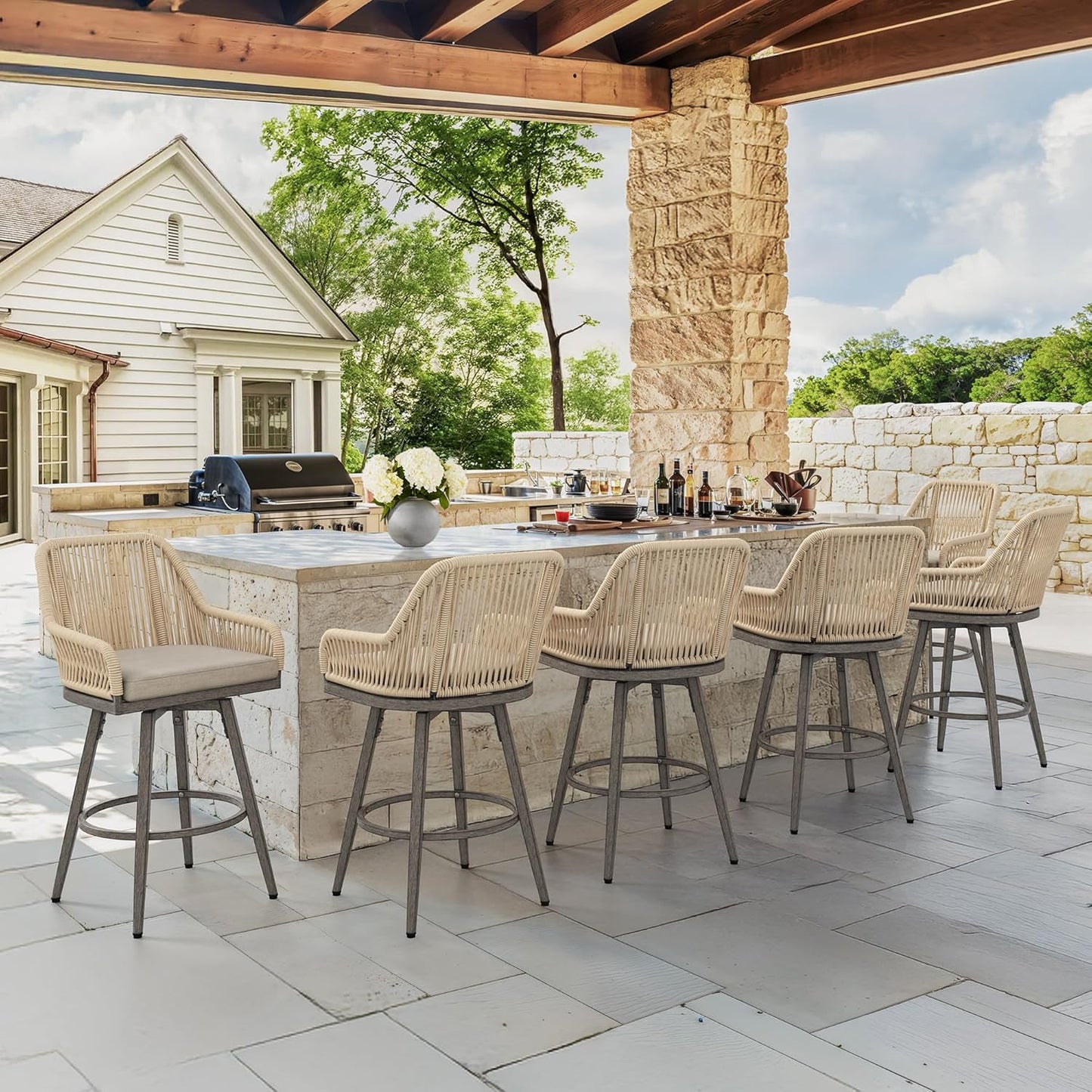 Outdoor Bar Stools Set of 3, 360° Swivel Aluminum Rattan Barstools, Olefin Rope Counter Height Bar Stools with Curved Backrest, Boho Barstool with Circular Cushion for Patio, Kitchen, Apricot
