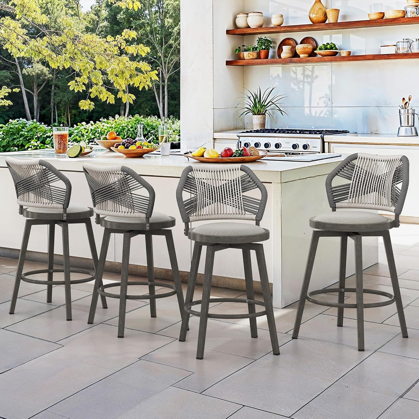 Outdoor Bar Stools Set of 3, 360° Swivel Aluminum Rattan Barstools, Olefin Rope Counter Height Bar Stools with Curved Backrest, Boho Barstool with Circular Cushion for Patio, Kitchen, Apricot