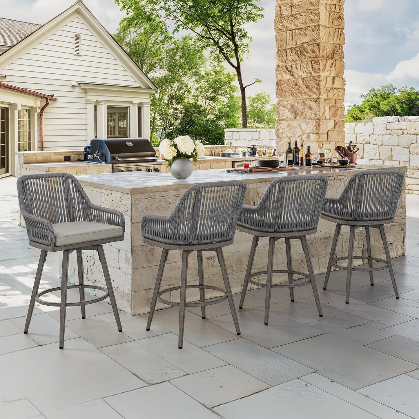 Outdoor Bar Stools Set of 3, 360° Swivel Aluminum Rattan Barstools, Olefin Rope Counter Height Bar Stools with Curved Backrest, Boho Barstool with Circular Cushion for Patio, Kitchen, Apricot