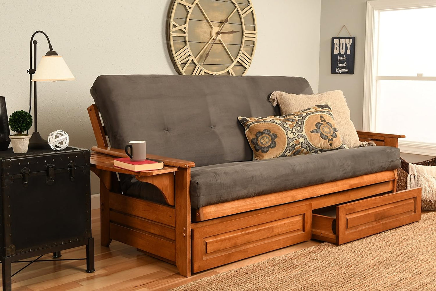 Kodiak Furniture Phoenix Futon Set with Linen Stone Mattress and Storage Drawers, Full, Barbados