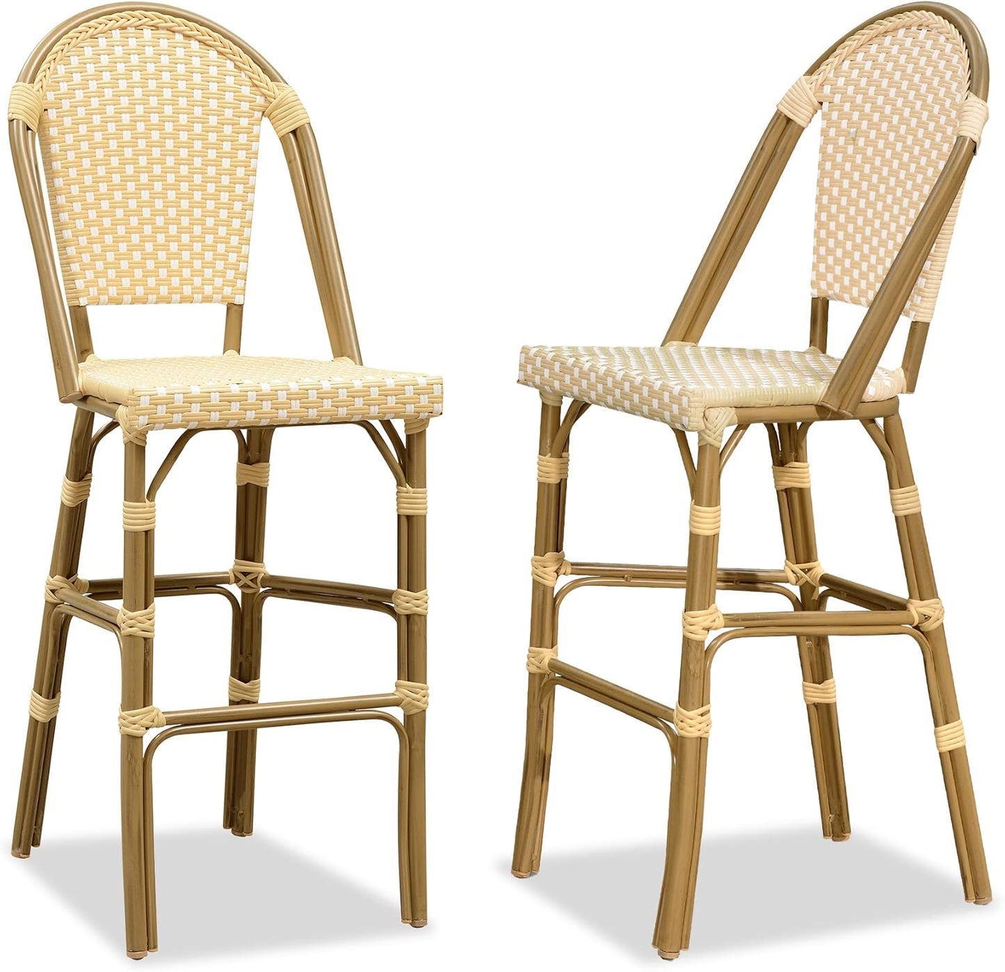 PURPLE LEAF French Bar Stool Set of 2 Bamboo Print Finish Patio Bar Stools with Back Rattan Chairs Wicker Bar Height Stool 30" with Footrest Kitchen Island Stools Outdoor Barstool Royal Blue