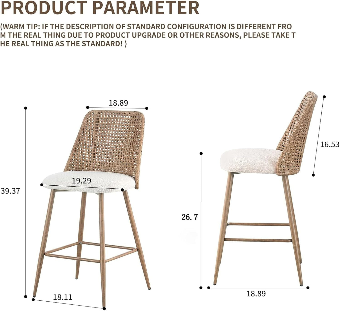 Rattan Bar Stools Set of 2, 26 Inches Height Wicker Bar,PE Rattan Stools with Metal Legs,Wicker Bar Stools Set of 2
