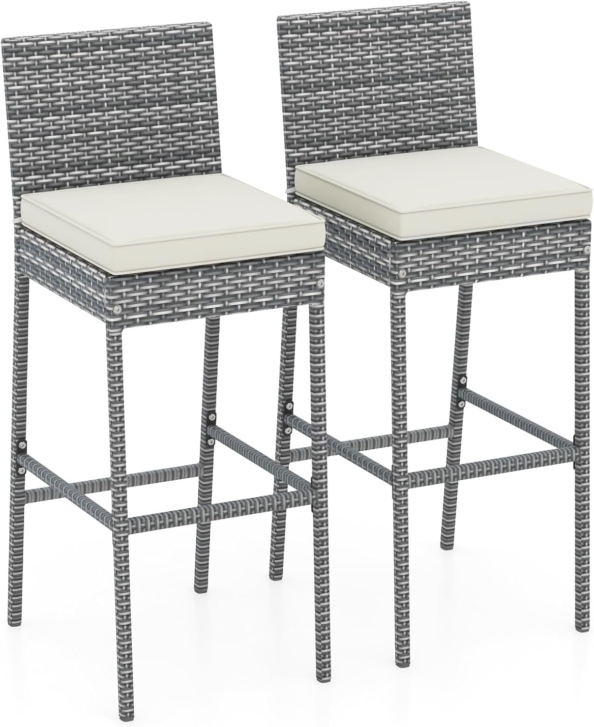 RELAX4LIFE Outdoor Bar Stools Set of 4 - Wicker Rattan Patio Barstools Tall Chairs w/Back, Footrest, Seat Cushions & Metal Frame, 400LBS Weight Capacity, 30’’ Counter Height Bar Stools (2, Mix Brown)