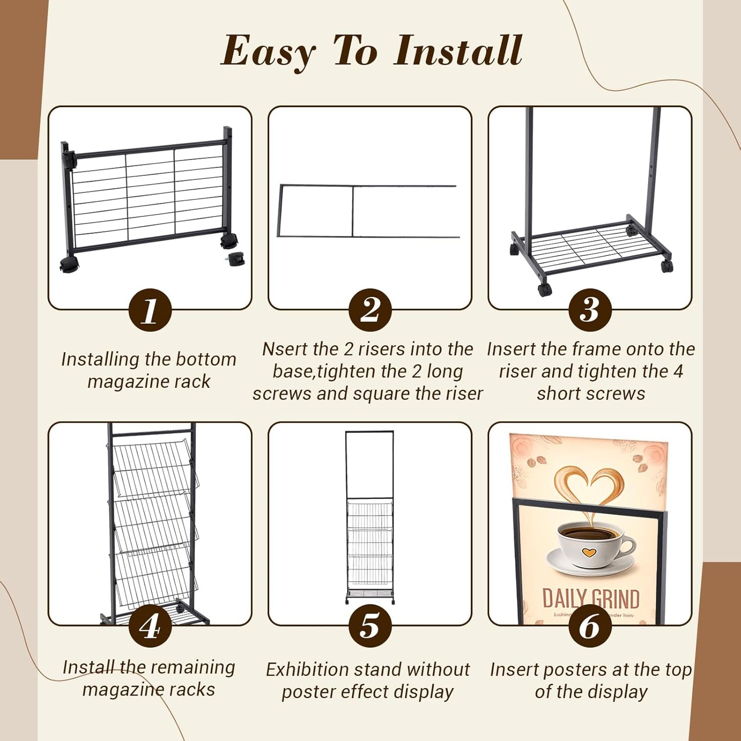 Zonon Magazine Rack Floor Stand 4-tier Shelf with Wheels Brochure Newspaper Display Stand and 19.69" x 27.56" Poster Sign Holder for Exhibition Store Business Office Showroom
