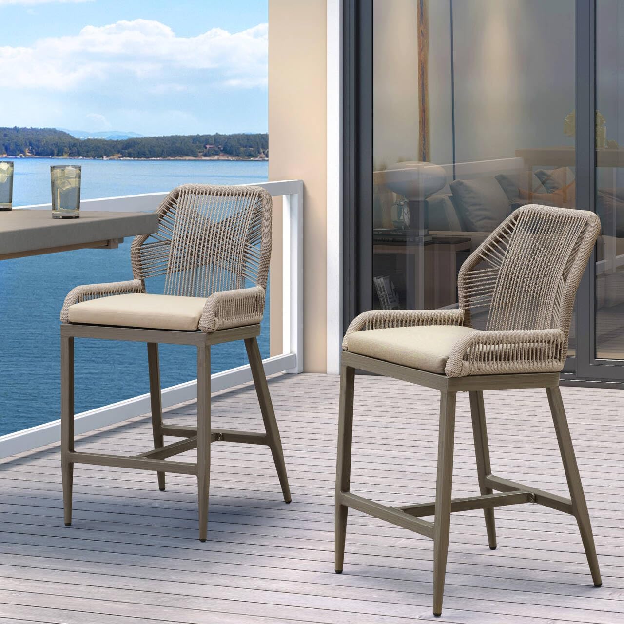 PURPLE LEAF Patio Sunbrella Bar Height Stools 28" H Set of 2 Boho Rattan Aluminum Tall Bar Chairs with High Back Arms for Outside Island Kitchen Backyard Outdoor Wicker Barstools Champagne