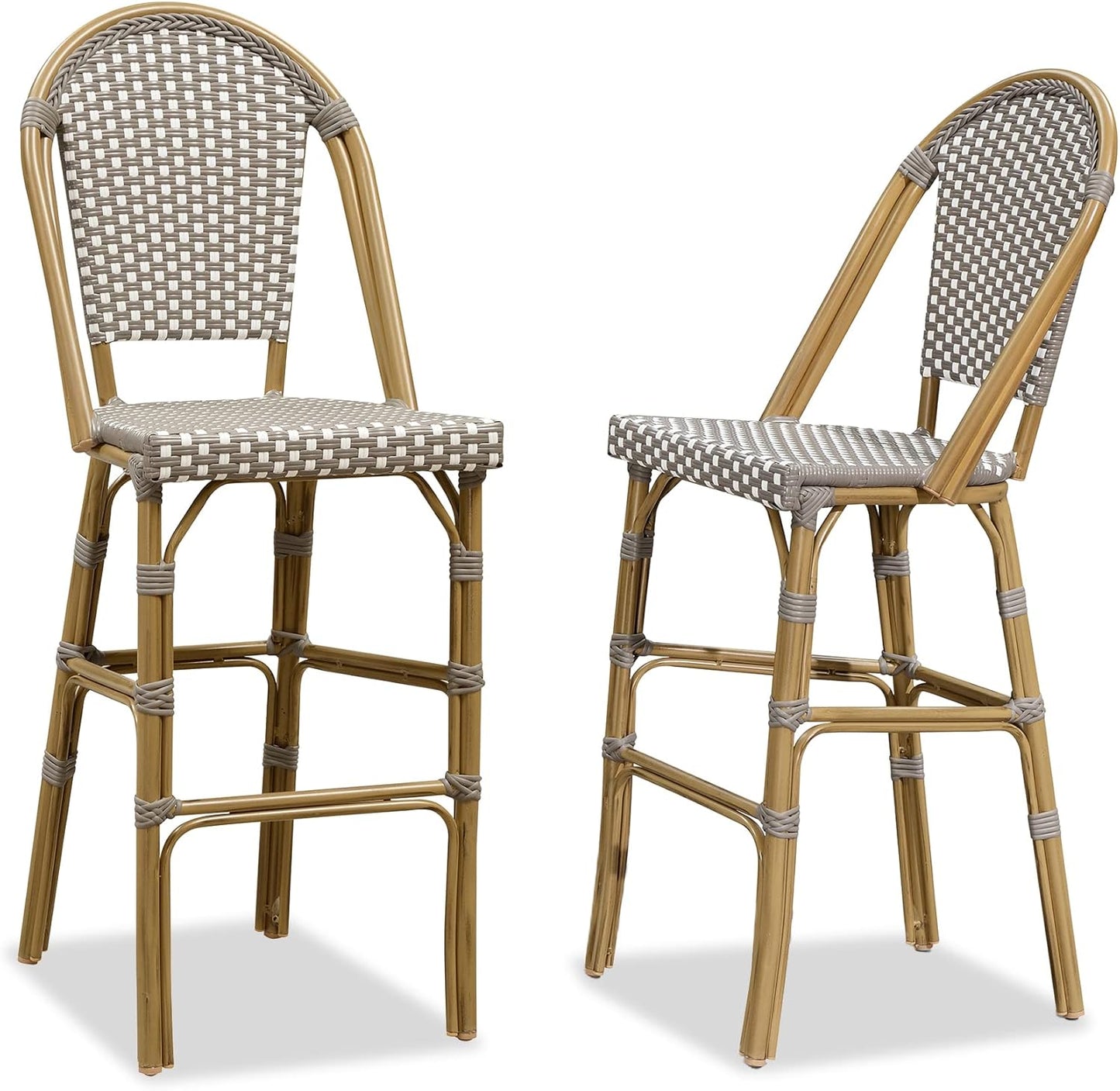 PURPLE LEAF French Bar Stool Set of 2 Bamboo Print Finish Patio Bar Stools with Back Rattan Chairs Wicker Bar Height Stool 30" with Footrest Kitchen Island Stools Outdoor Barstool Royal Blue