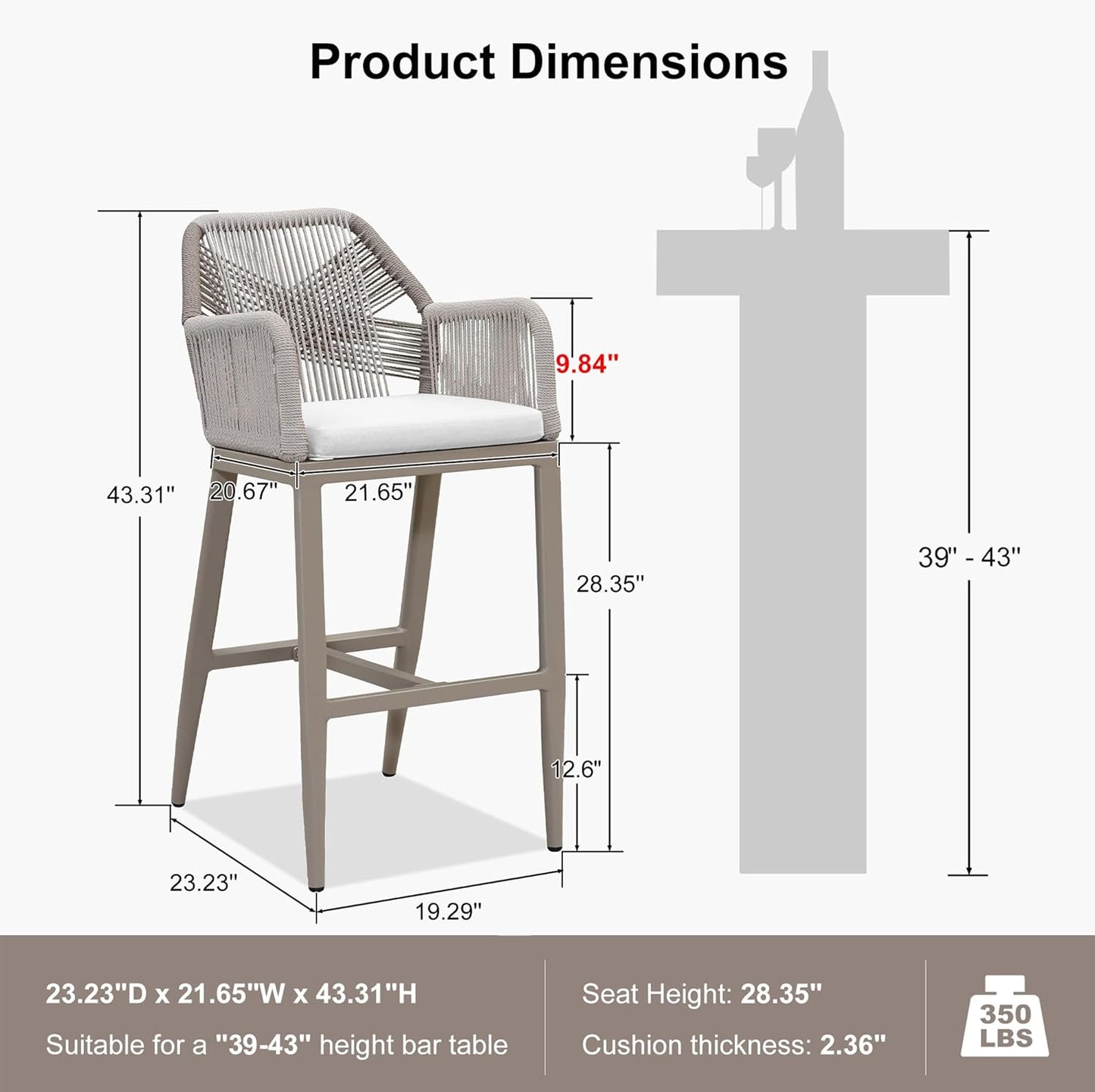 PURPLE LEAF Patio Sunbrella Bar Height Stools 28" H Set of 2 Boho Rattan Aluminum Tall Bar Chairs with High Back Arms for Outside Island Kitchen Backyard Outdoor Wicker Barstools Champagne