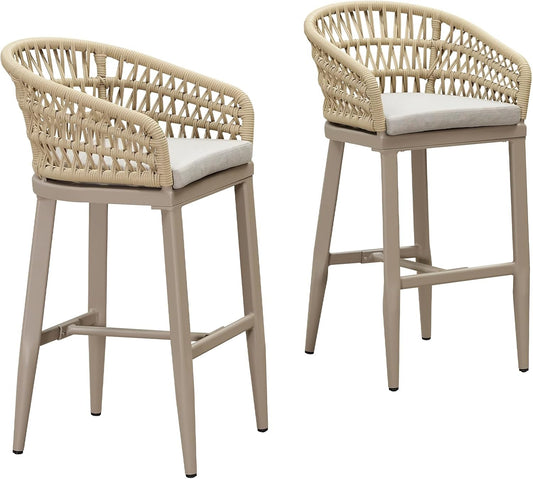 PURPLE LEAF Outdoor Rattan 29" Bar Stools Set of 2, Modern Boho Aluminum Patio Bar Height Chair with Cushion and Back for Outdoor and Indoor, Champagne
