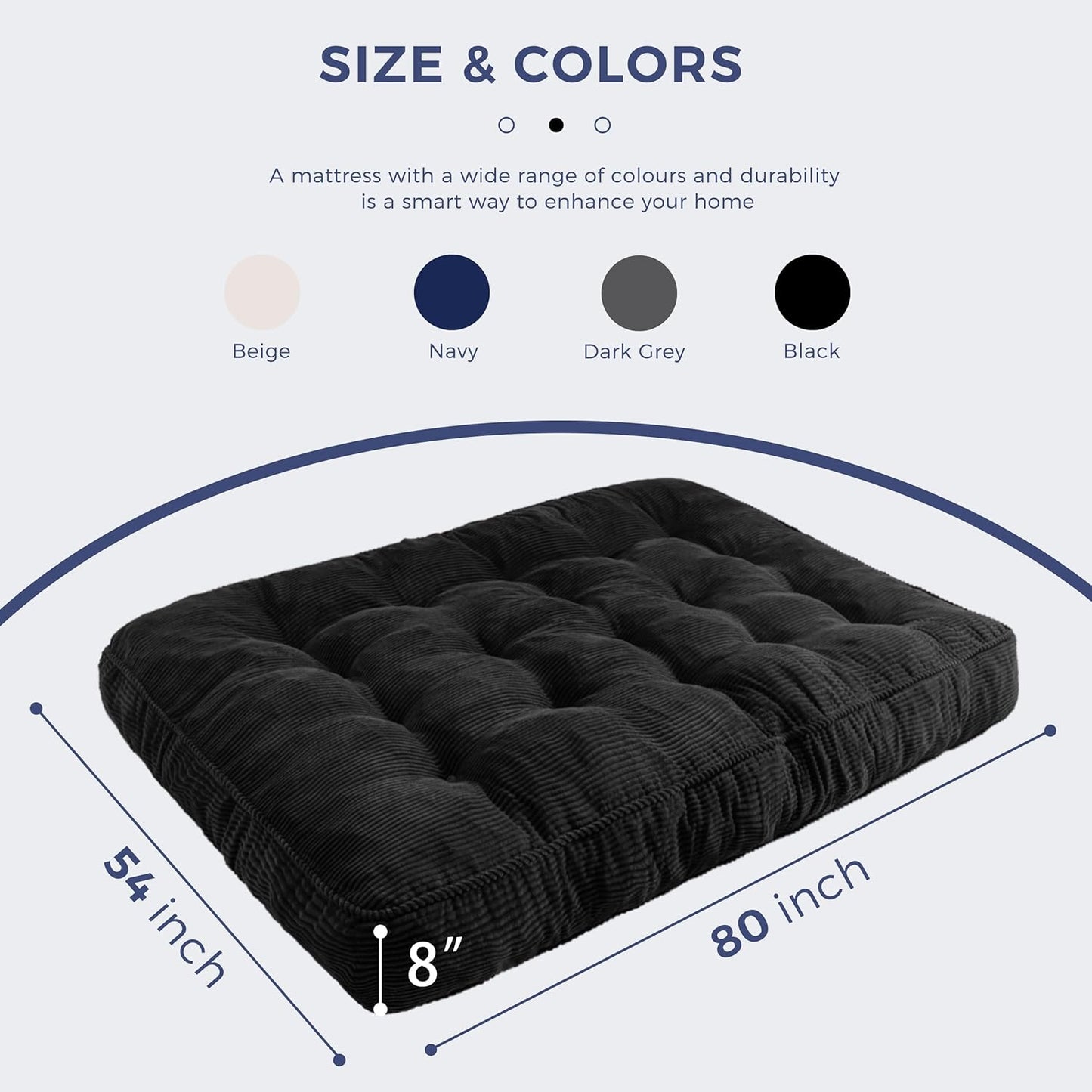 MAXYOYO 8" Futon Mattress Full Size, Ultra Thick Futons Sofa Couch Bed Tufted Sleeper Sofa Bed, Floor Mattress for Adults, Shredded Foam Filling (Frame Not Included), Black