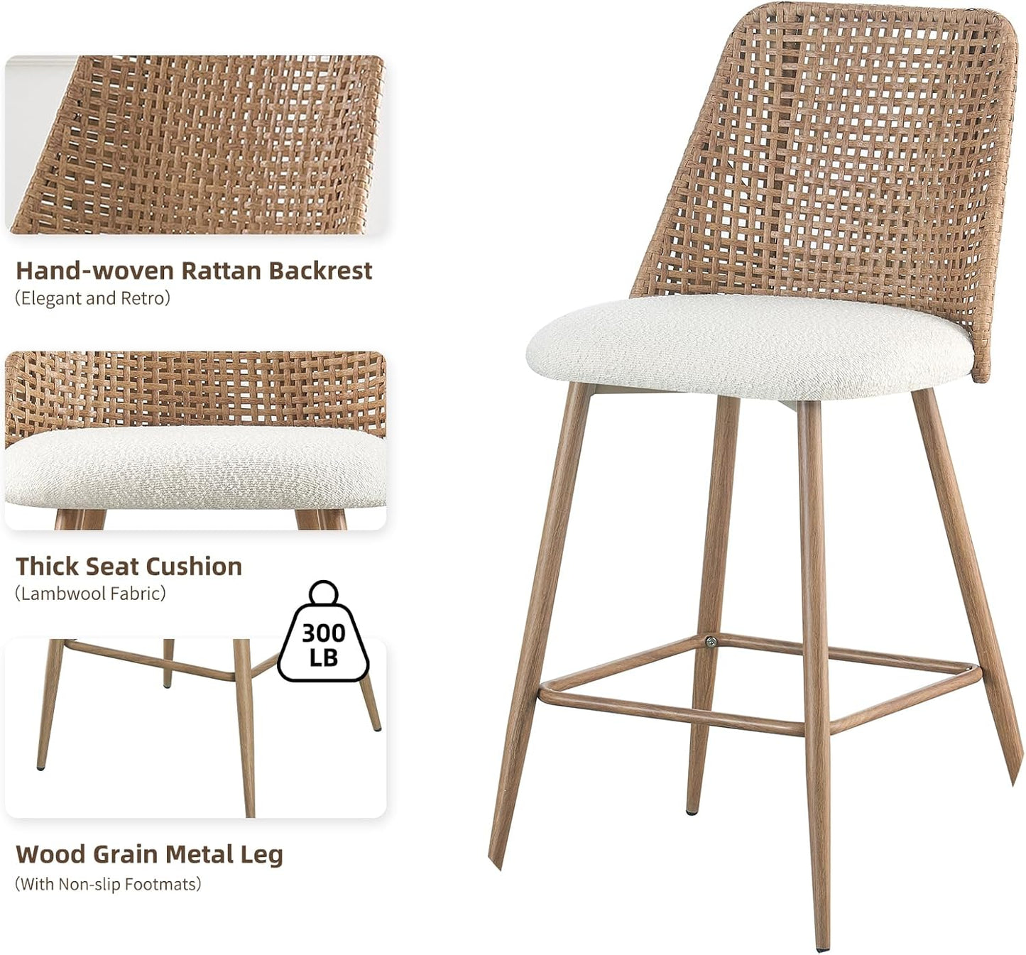 Rattan Bar Stools Set of 2, 26 Inches Height Wicker Bar,PE Rattan Stools with Metal Legs,Wicker Bar Stools Set of 2