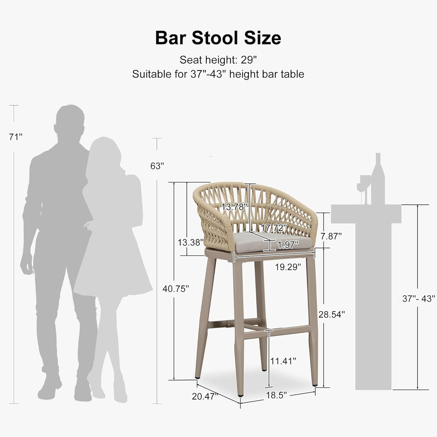 PURPLE LEAF Outdoor Rattan 29" Bar Stools Set of 2, Modern Boho Aluminum Patio Bar Height Chair with Cushion and Back for Outdoor and Indoor, Champagne