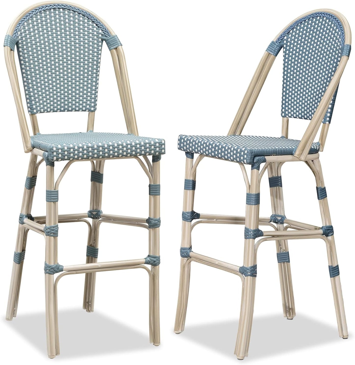 PURPLE LEAF French Bar Stool Set of 2 Bamboo Print Finish Patio Bar Stools with Back Rattan Chairs Wicker Bar Height Stool 30" with Footrest Kitchen Island Stools Outdoor Barstool Royal Blue