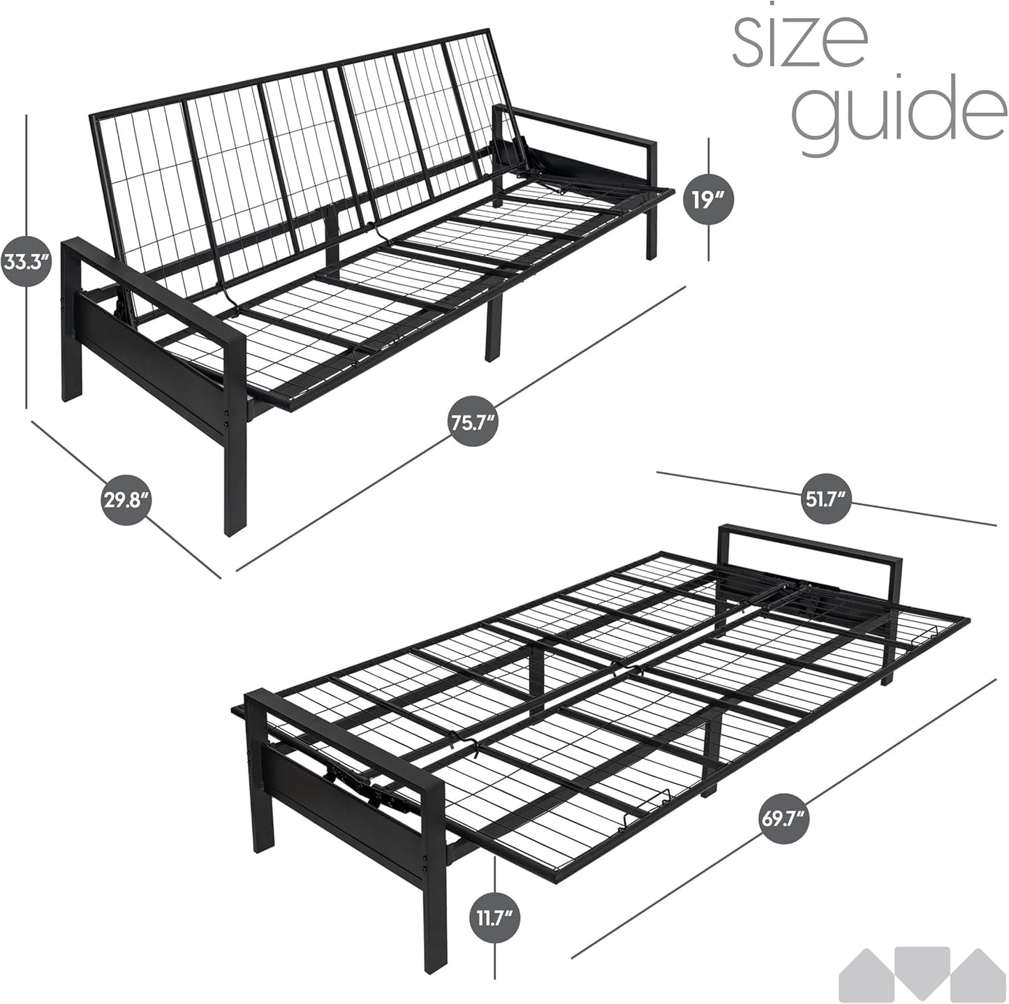 Milliard Metal Futon Frame – Full Size Futon Frame, Convertible Sofa Bed, Sleek Black Low-Profile Design, Space-Saving, Durable & Easy Assembly - Perfect for Modern Living, Apartments & Guest Rooms