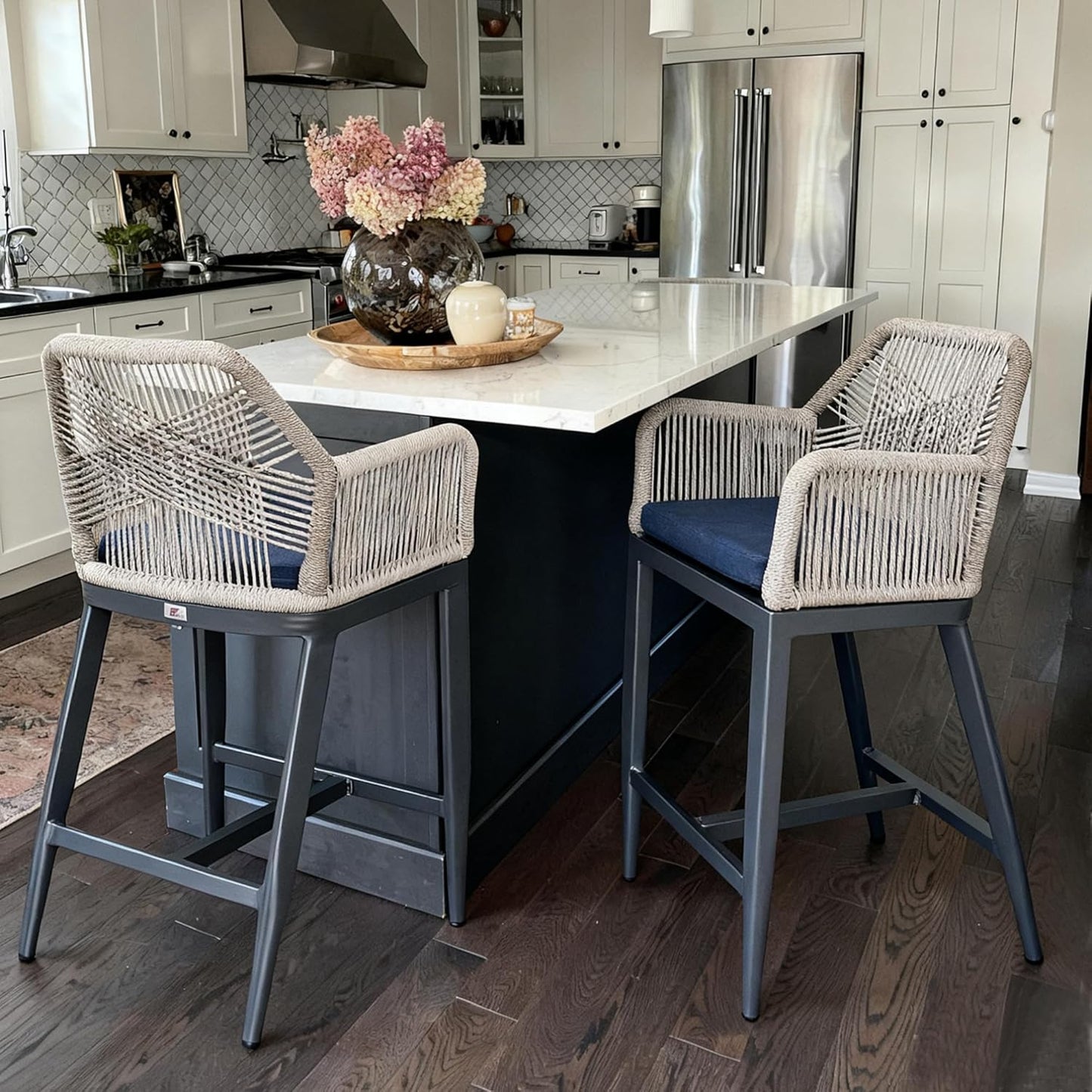 PURPLE LEAF Patio Sunbrella Bar Height Stools 28" H Set of 2 Boho Rattan Aluminum Tall Bar Chairs with High Back Arms for Outside Island Kitchen Backyard Outdoor Wicker Barstools Champagne