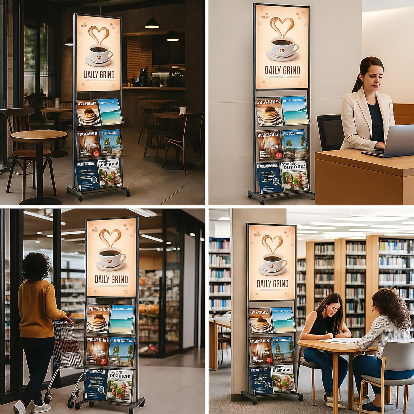 Zonon Magazine Rack Floor Stand 4-tier Shelf with Wheels Brochure Newspaper Display Stand and 19.69" x 27.56" Poster Sign Holder for Exhibition Store Business Office Showroom