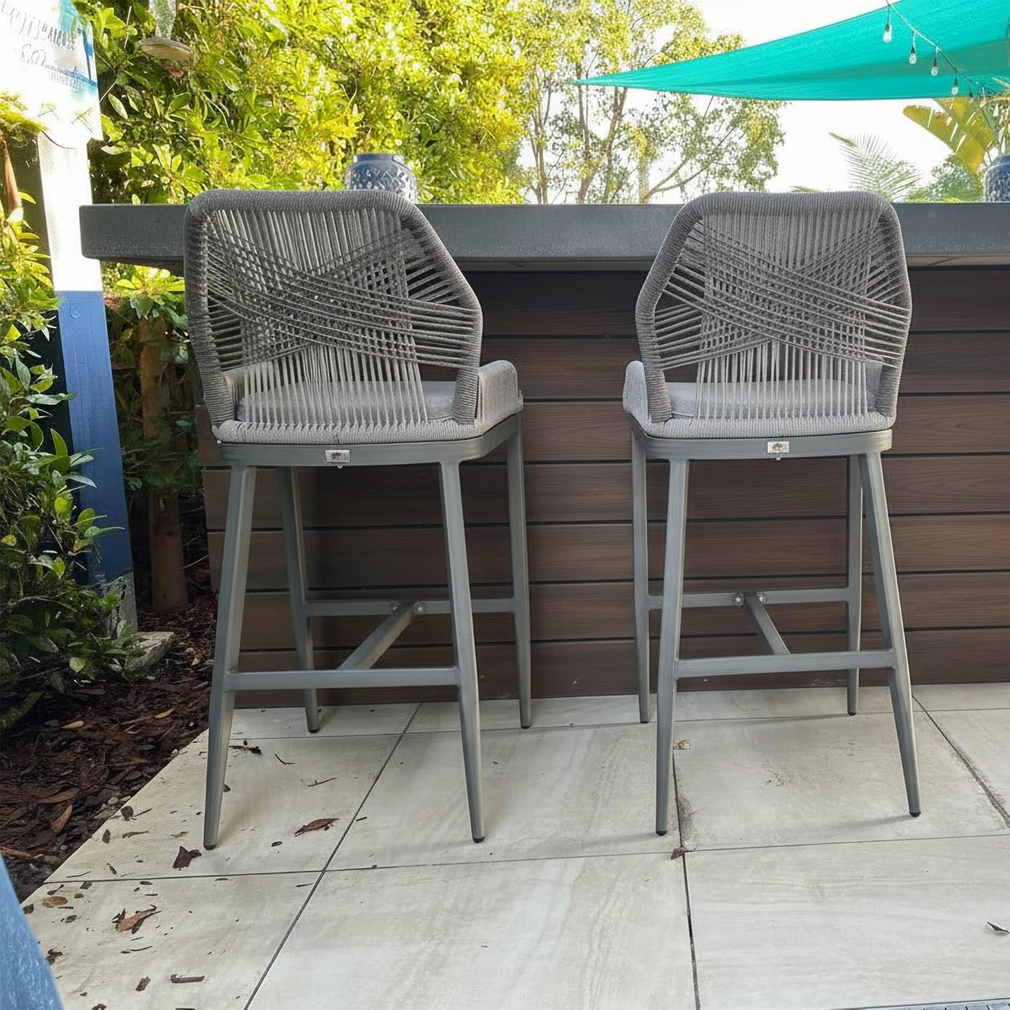 PURPLE LEAF Patio Sunbrella Bar Height Stools 28" H Set of 2 Boho Rattan Aluminum Tall Bar Chairs with High Back Arms for Outside Island Kitchen Backyard Outdoor Wicker Barstools Champagne