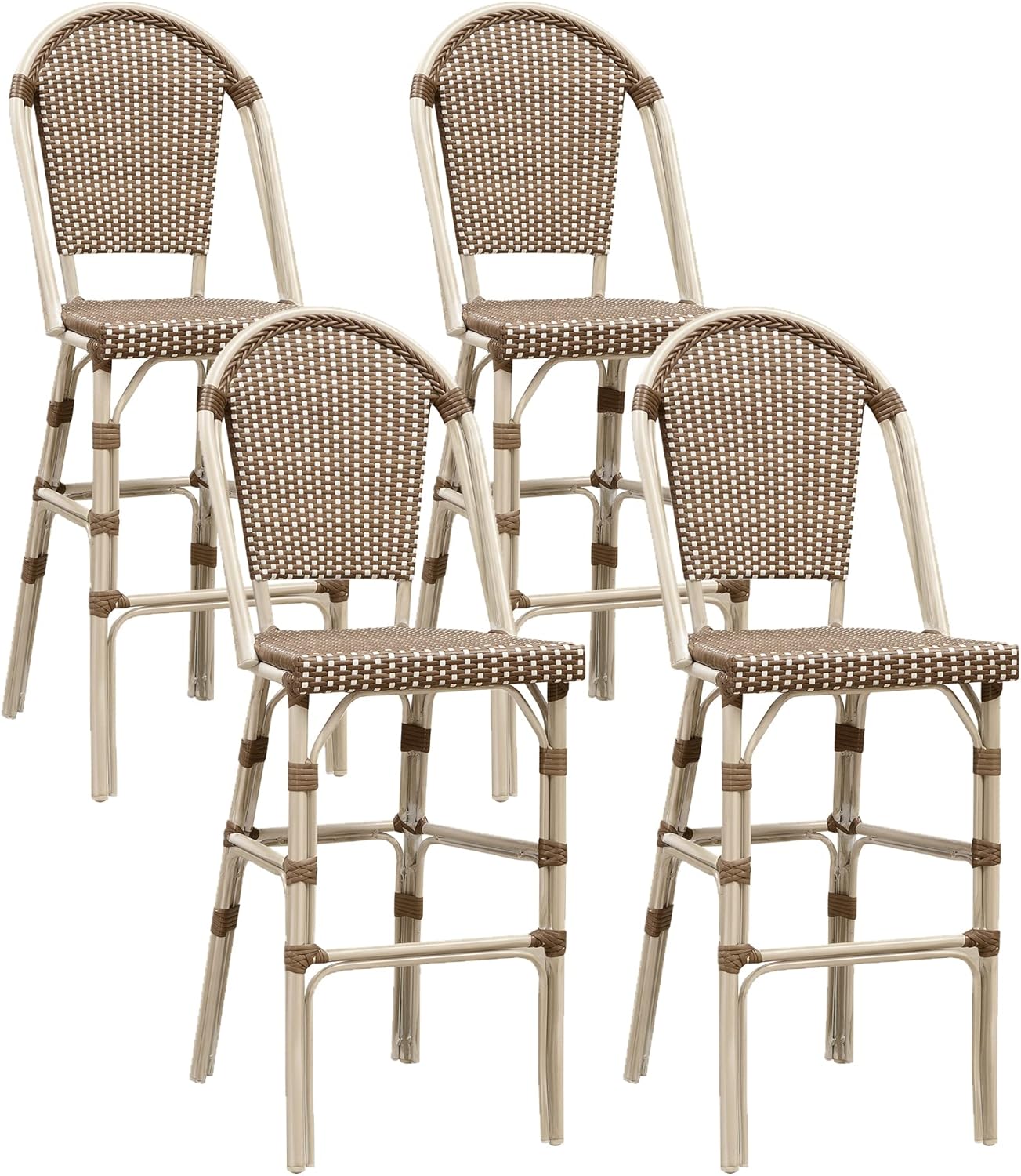 PURPLE LEAF French Bar Stool Set of 2 Bamboo Print Finish Patio Bar Stools with Back Rattan Chairs Wicker Bar Height Stool 30" with Footrest Kitchen Island Stools Outdoor Barstool Royal Blue