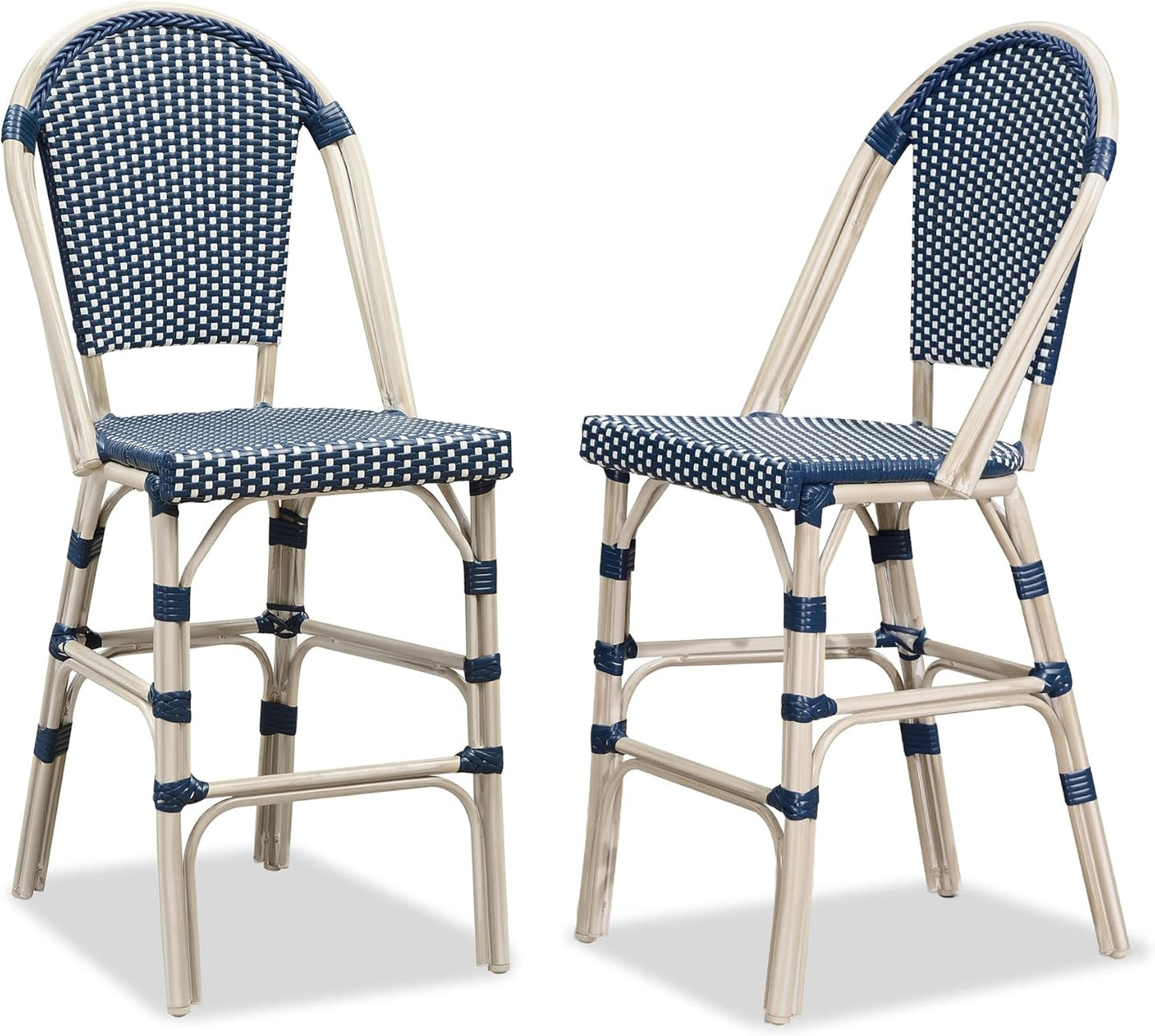 PURPLE LEAF French Bar Stool Set of 2 Bamboo Print Finish Patio Bar Stools with Back Rattan Chairs Wicker Bar Height Stool 30" with Footrest Kitchen Island Stools Outdoor Barstool Royal Blue