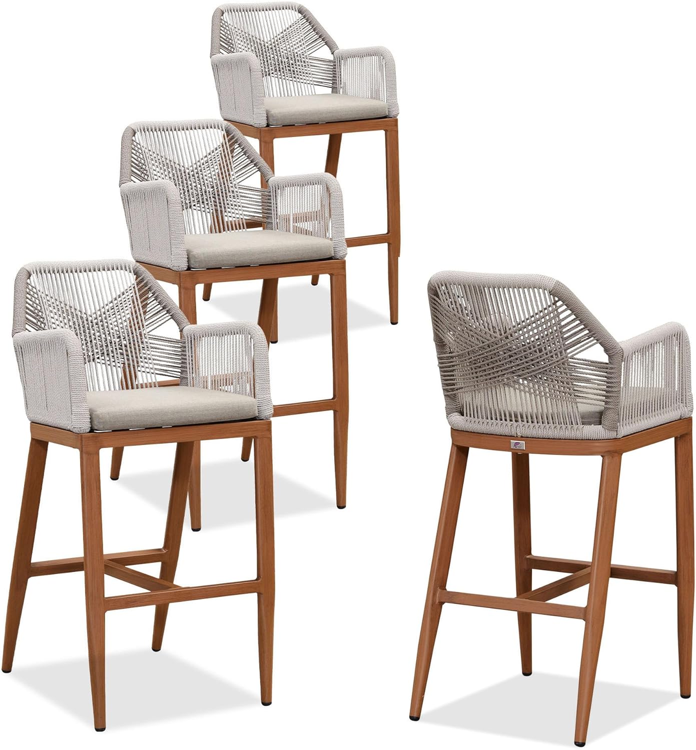 PURPLE LEAF Patio Sunbrella Bar Height Stools 28" H Set of 2 Boho Rattan Aluminum Tall Bar Chairs with High Back Arms for Outside Island Kitchen Backyard Outdoor Wicker Barstools Champagne
