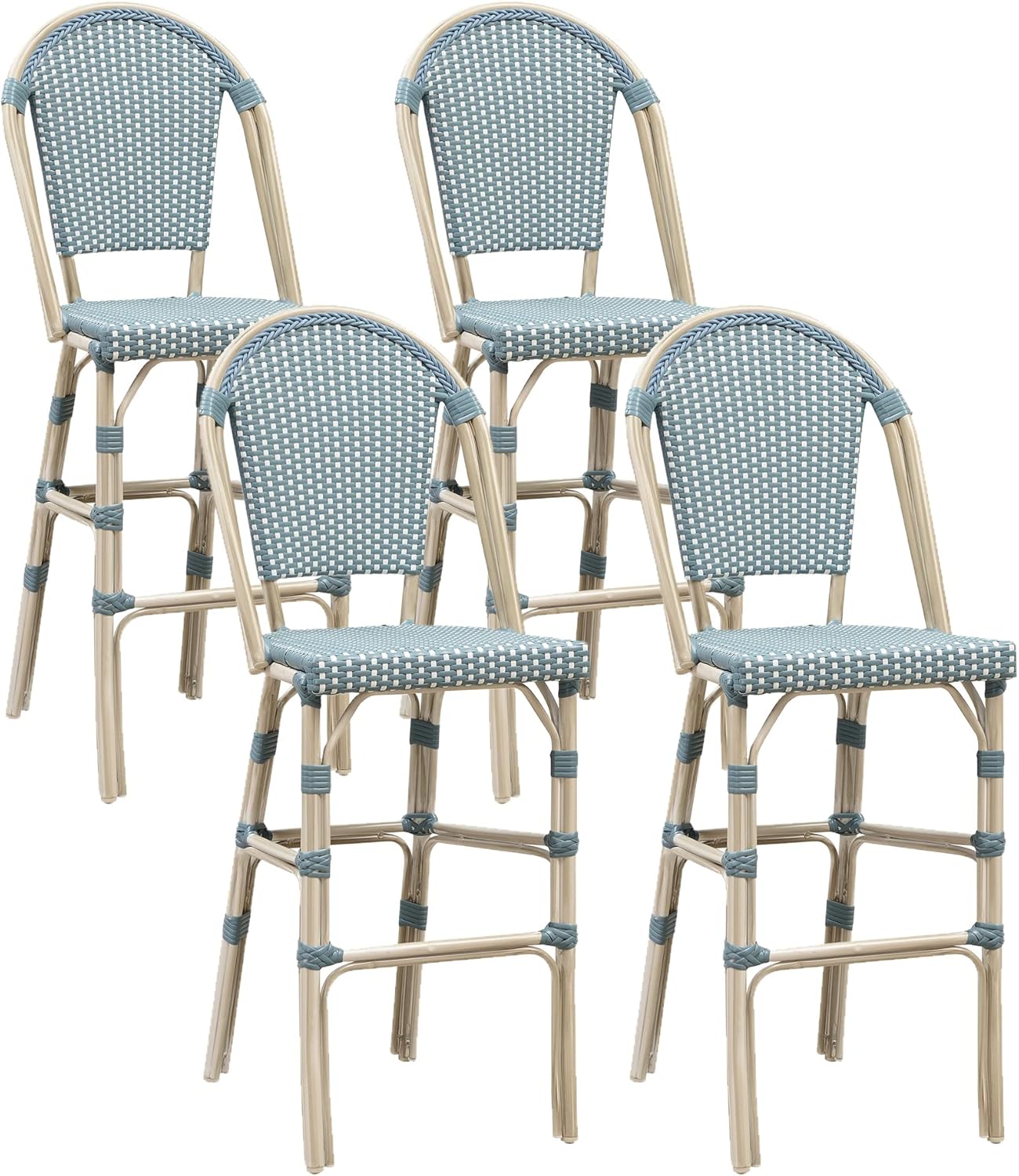 PURPLE LEAF French Bar Stool Set of 2 Bamboo Print Finish Patio Bar Stools with Back Rattan Chairs Wicker Bar Height Stool 30" with Footrest Kitchen Island Stools Outdoor Barstool Royal Blue