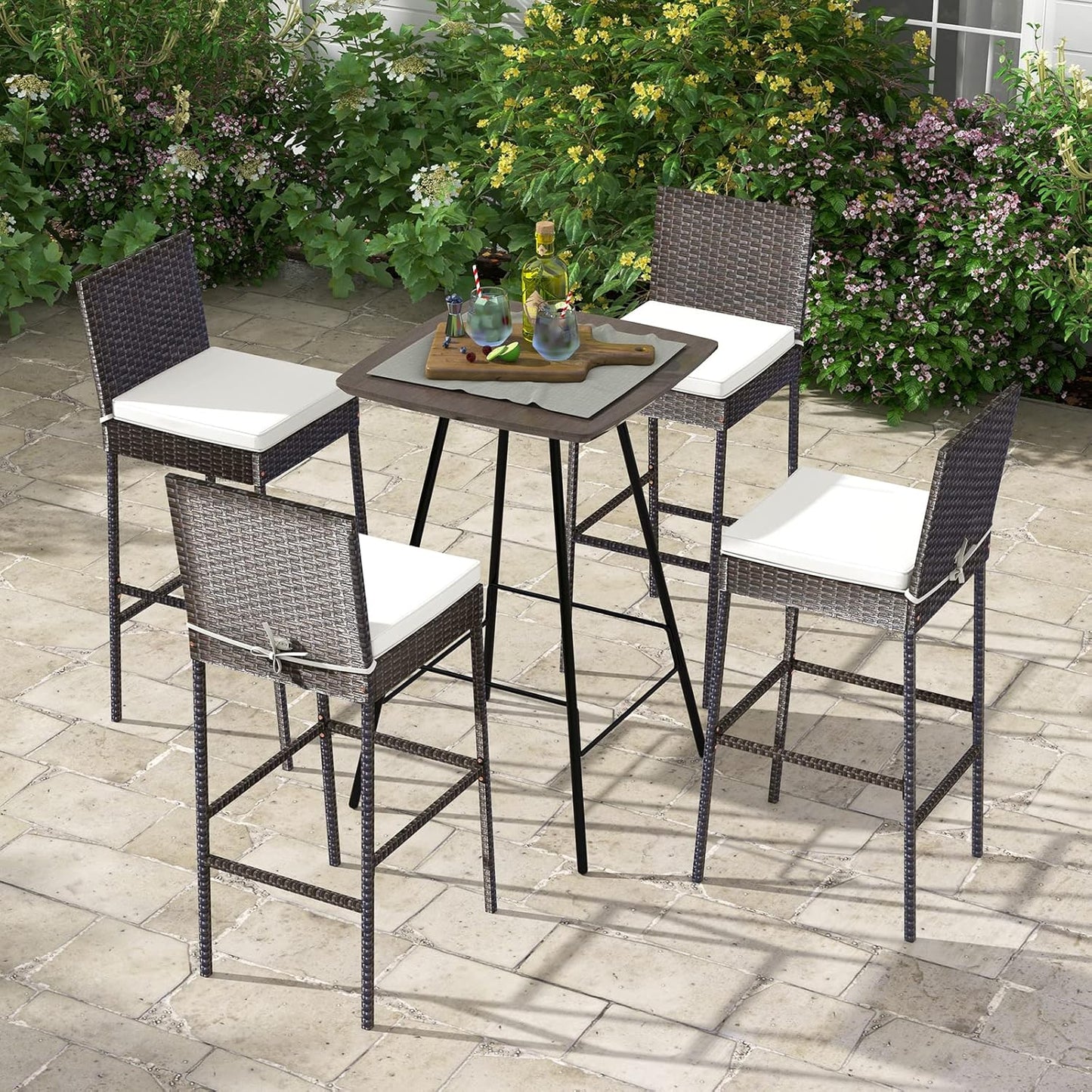 RELAX4LIFE Outdoor Bar Stools Set of 4 - Wicker Rattan Patio Barstools Tall Chairs w/Back, Footrest, Seat Cushions & Metal Frame, 400LBS Weight Capacity, 30’’ Counter Height Bar Stools (2, Mix Brown)