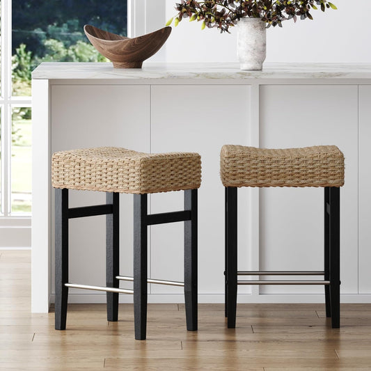 Nathan James Harvey Rattan Bar Stool, Bohemian Counter Height Stool with Woven Seagrass Seat, Solid Wood Legs, and Metal Footrest Seagrass/Brushed Black