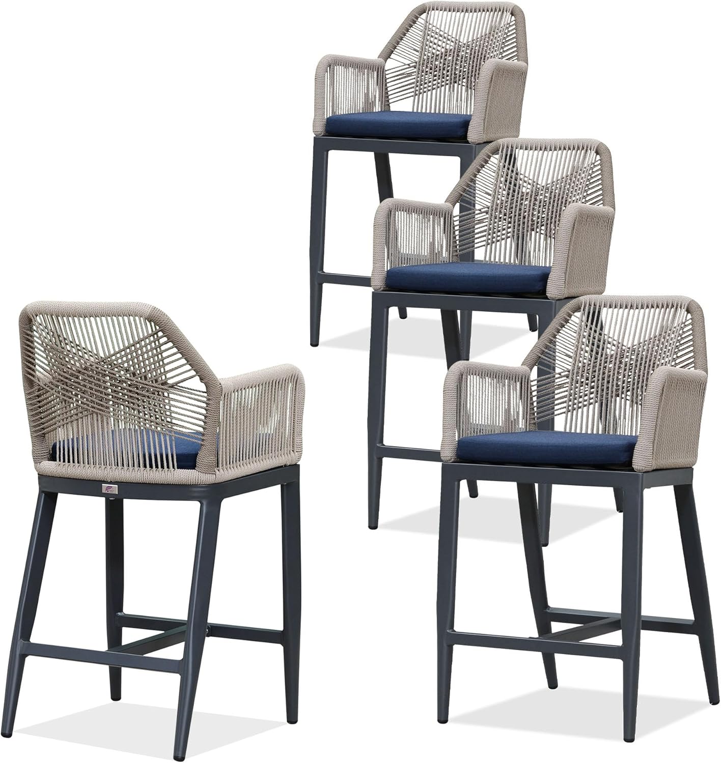 PURPLE LEAF Patio Sunbrella Bar Height Stools 28" H Set of 2 Boho Rattan Aluminum Tall Bar Chairs with High Back Arms for Outside Island Kitchen Backyard Outdoor Wicker Barstools Champagne