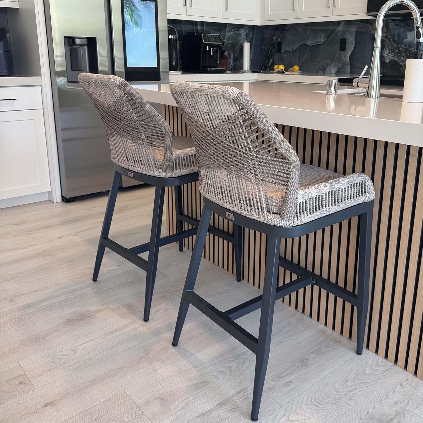 PURPLE LEAF Patio Sunbrella Bar Height Stools 28" H Set of 2 Boho Rattan Aluminum Tall Bar Chairs with High Back Arms for Outside Island Kitchen Backyard Outdoor Wicker Barstools Champagne