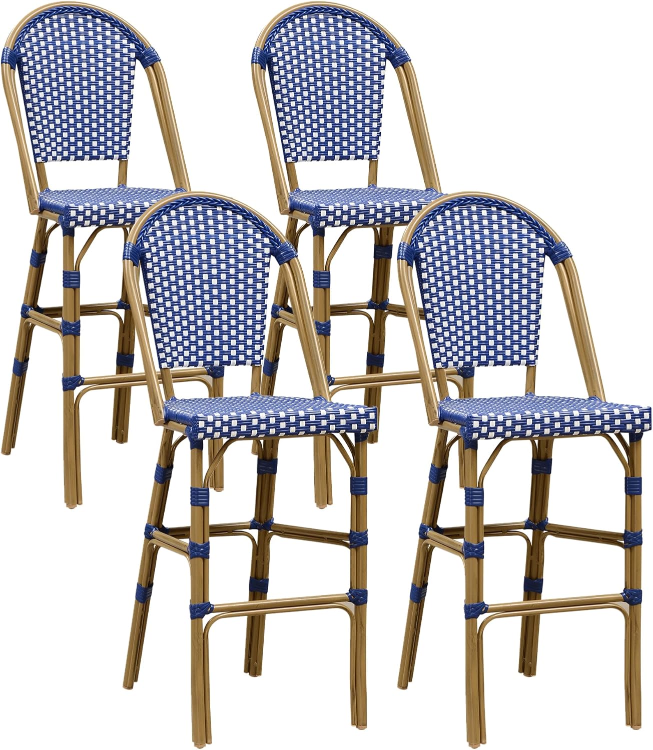 PURPLE LEAF French Bar Stool Set of 2 Bamboo Print Finish Patio Bar Stools with Back Rattan Chairs Wicker Bar Height Stool 30" with Footrest Kitchen Island Stools Outdoor Barstool Royal Blue