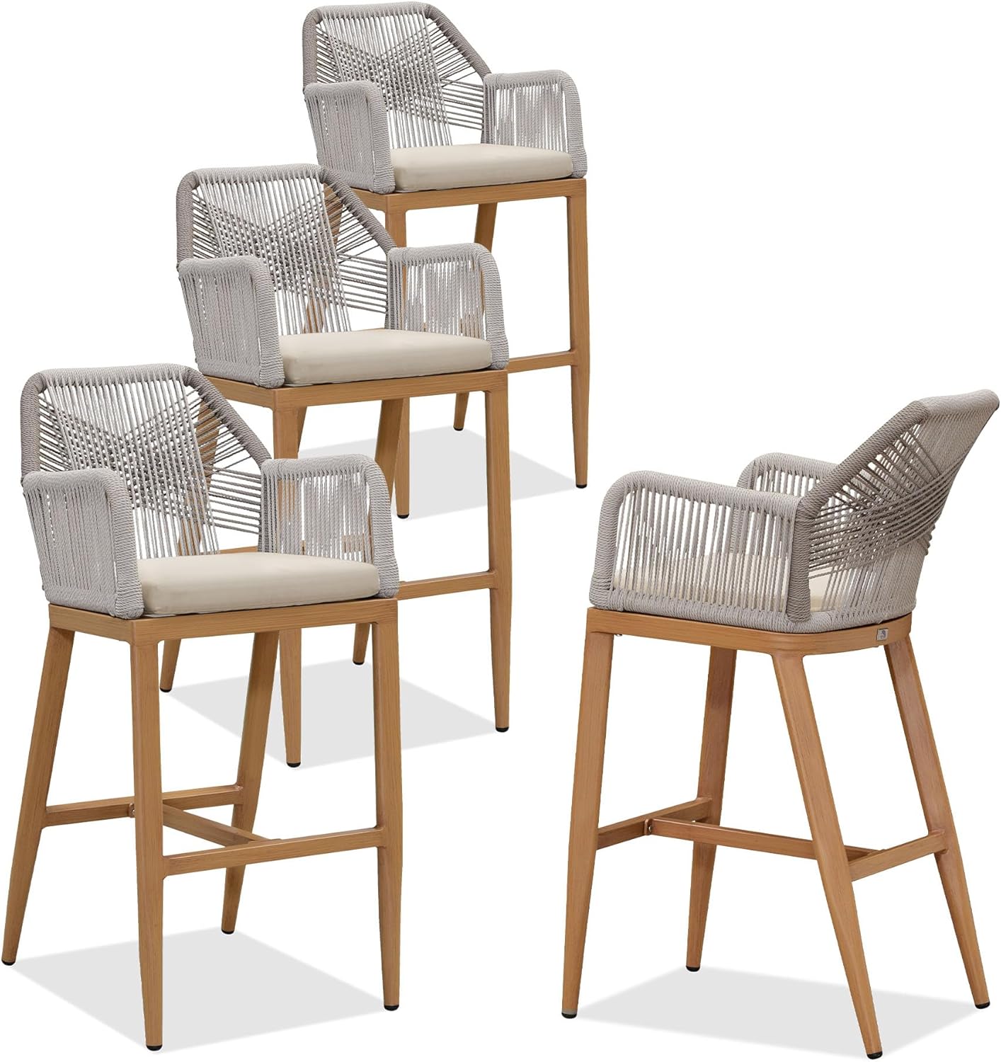 PURPLE LEAF Patio Sunbrella Bar Height Stools 28" H Set of 2 Boho Rattan Aluminum Tall Bar Chairs with High Back Arms for Outside Island Kitchen Backyard Outdoor Wicker Barstools Champagne