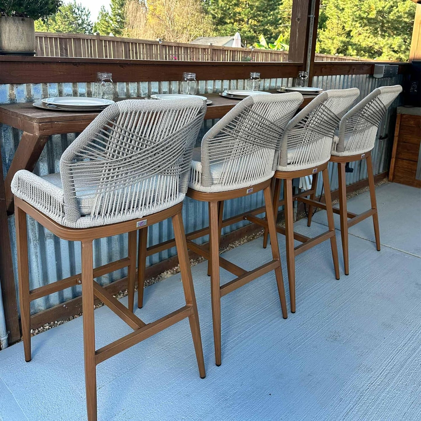 PURPLE LEAF Patio Sunbrella Bar Height Stools 28" H Set of 2 Boho Rattan Aluminum Tall Bar Chairs with High Back Arms for Outside Island Kitchen Backyard Outdoor Wicker Barstools Champagne