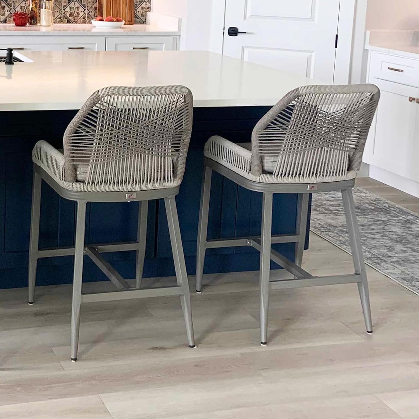 PURPLE LEAF Patio Sunbrella Bar Height Stools 28" H Set of 2 Boho Rattan Aluminum Tall Bar Chairs with High Back Arms for Outside Island Kitchen Backyard Outdoor Wicker Barstools Champagne