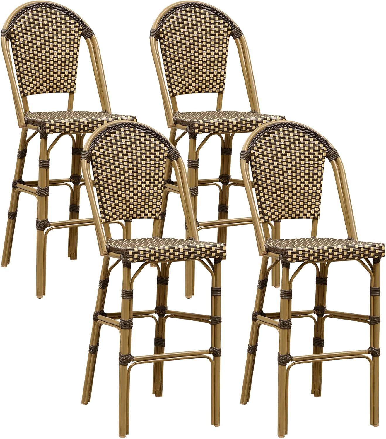 PURPLE LEAF French Bar Stool Set of 2 Bamboo Print Finish Patio Bar Stools with Back Rattan Chairs Wicker Bar Height Stool 30" with Footrest Kitchen Island Stools Outdoor Barstool Royal Blue